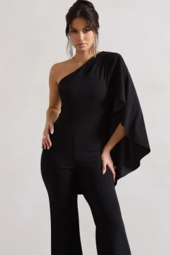 Pristine | Black One Shoulder Cape Sleeve Flared-Leg Jumpsuit