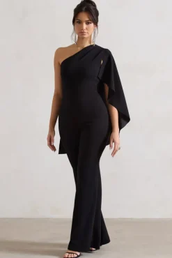 Pristine | Black One Shoulder Cape Sleeve Flared-Leg Jumpsuit