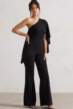 Pristine | Black One Shoulder Cape Sleeve Flared-Leg Jumpsuit