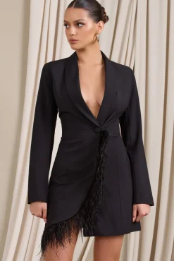 Prized Possession | Black Feather Wrap Blazer Mini Dress