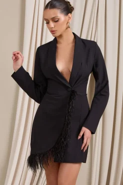 Prized Possession | Black Feather Wrap Blazer Mini Dress