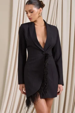 Prized Possession | Black Feather Wrap Blazer Mini Dress