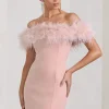 Pure Delight | Pink Bardot Feather Mini Dress