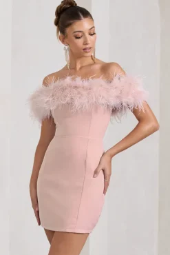 Pure Delight | Pink Bardot Feather Mini Dress