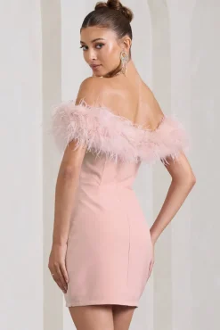 Pure Delight | Pink Bardot Feather Mini Dress