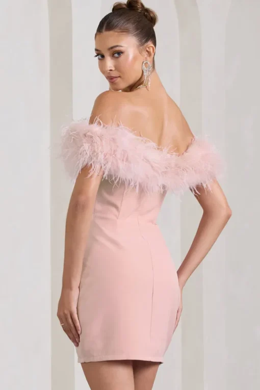Pure Delight | Pink Bardot Feather Mini Dress