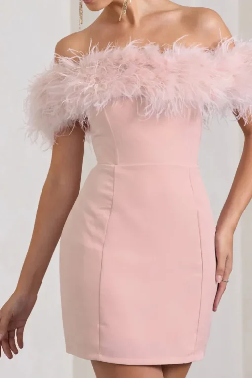 Pure Delight | Pink Bardot Feather Mini Dress