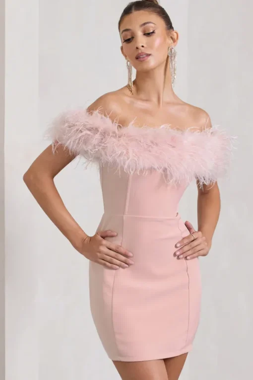 Pure Delight | Pink Bardot Feather Mini Dress
