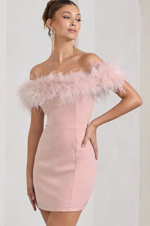 Pure Delight | Pink Bardot Feather Mini Dress