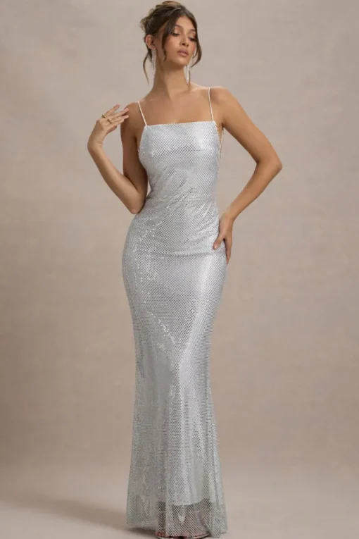 Quartz | Silver Embellished Square-Neck Open-Back Maxi Dress