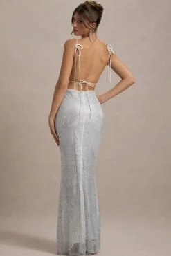 Quartz | Silver Embellished Square-Neck Open-Back Maxi Dress