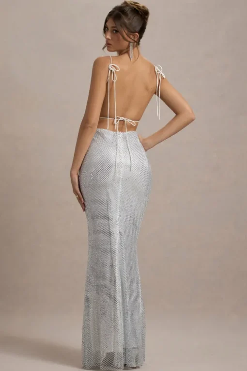 Quartz | Silver Embellished Square-Neck Open-Back Maxi Dress