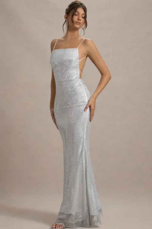 Quartz | Silver Embellished Square-Neck Open-Back Maxi Dress