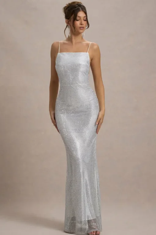 Quartz | Silver Embellished Square-Neck Open-Back Maxi Dress