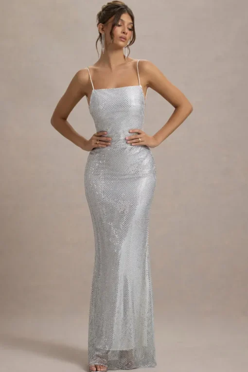 Quartz | Silver Embellished Square-Neck Open-Back Maxi Dress