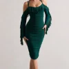 Quinn | Bottle Green Ruched Strappy Long-Sleeved Midi Dress With Ruffles