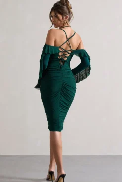 Quinn | Bottle Green Ruched Strappy Long-Sleeved Midi Dress With Ruffles