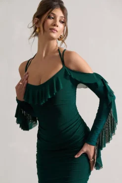 Quinn | Bottle Green Ruched Strappy Long-Sleeved Midi Dress With Ruffles