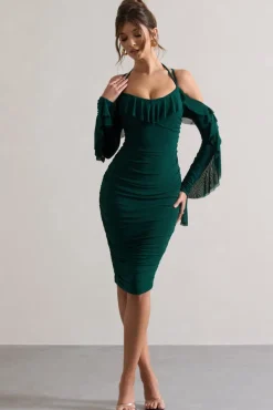 Quinn | Bottle Green Ruched Strappy Long-Sleeved Midi Dress With Ruffles