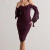 Quinn | Dark Cherry Ruched Strappy Long-Sleeved Midi Dress With Ruffles