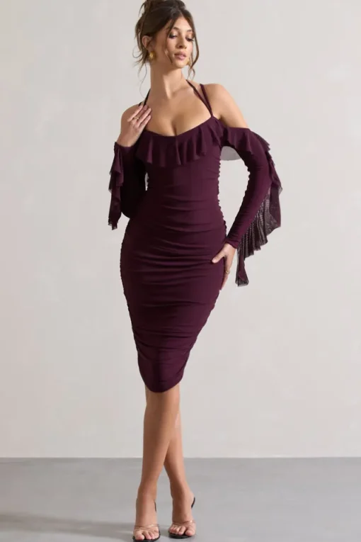 Quinn | Dark Cherry Ruched Strappy Long-Sleeved Midi Dress With Ruffles