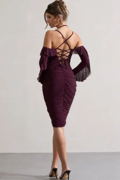 Quinn | Dark Cherry Ruched Strappy Long-Sleeved Midi Dress With Ruffles