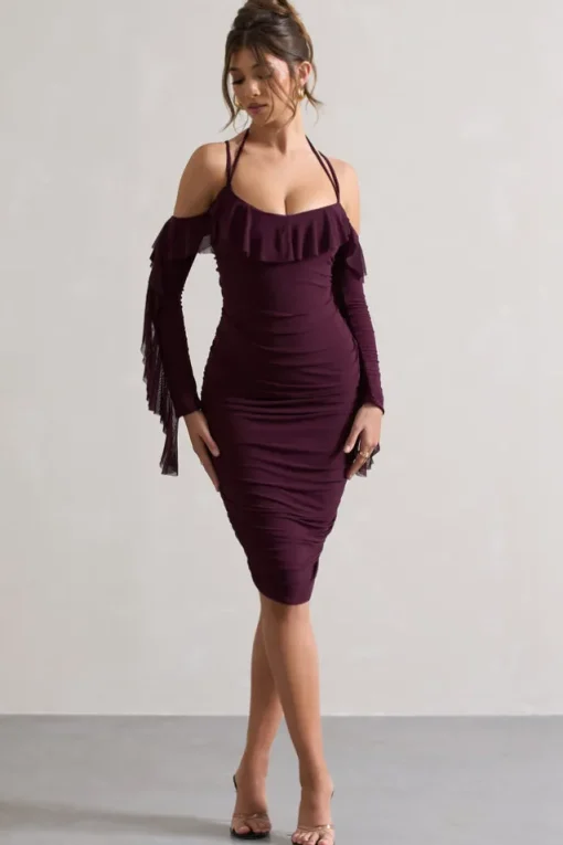 Quinn | Dark Cherry Ruched Strappy Long-Sleeved Midi Dress With Ruffles