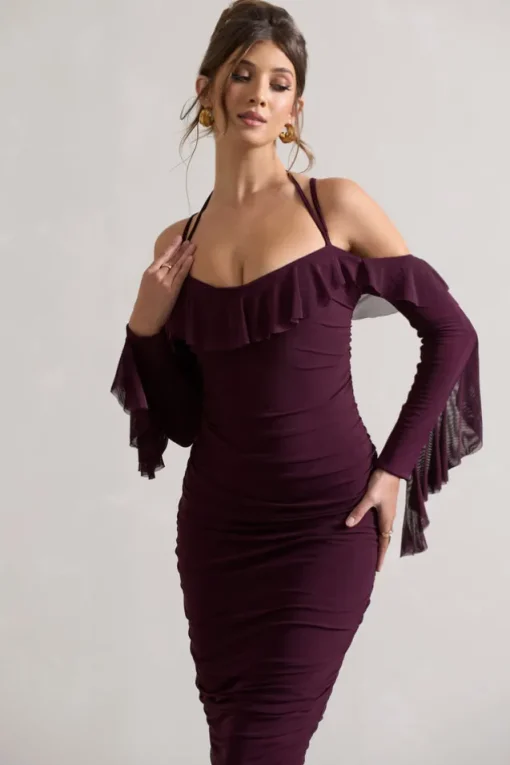 Quinn | Dark Cherry Ruched Strappy Long-Sleeved Midi Dress With Ruffles
