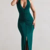 Rachel | Bottle Green Ruched Halter-Neck Split Maxi Dress