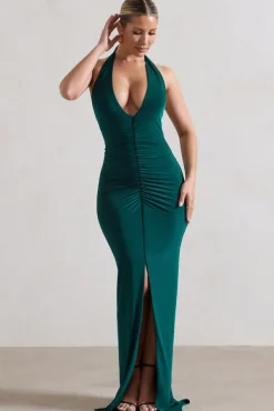 Rachel | Bottle Green Ruched Halter-Neck Split Maxi Dress