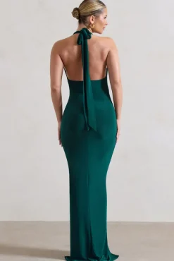 Rachel | Bottle Green Ruched Halter-Neck Split Maxi Dress