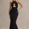 Raelynn | Black Halter-Neck Cut-Out Maxi Dress With Bow