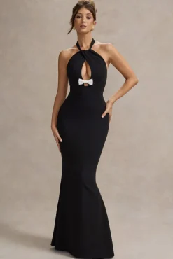 Raelynn | Black Halter-Neck Cut-Out Maxi Dress With Bow