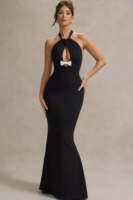Raelynn | Black Halter-Neck Cut-Out Maxi Dress With Bow
