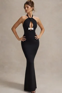 Raelynn | Black Halter-Neck Cut-Out Maxi Dress With Bow