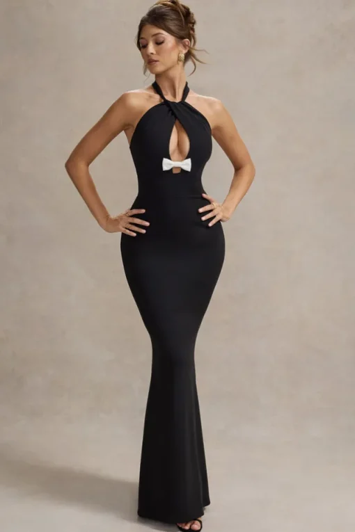 Raelynn | Black Halter-Neck Cut-Out Maxi Dress With Bow