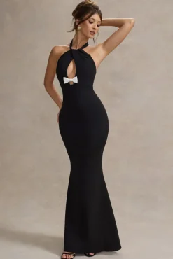 Raelynn | Black Halter-Neck Cut-Out Maxi Dress With Bow