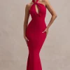 Raelynn | Red Halter-Neck Cut-Out Maxi Dress With Bow
