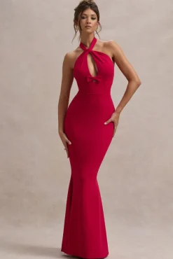 Raelynn | Red Halter-Neck Cut-Out Maxi Dress With Bow