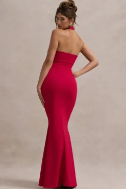 Raelynn | Red Halter-Neck Cut-Out Maxi Dress With Bow