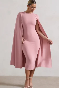Rafaela | Blush Pink Bodycon Midi Dress With Cape Sleeves