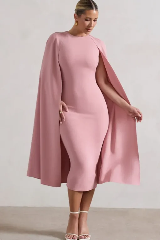 Rafaela | Blush Pink Bodycon Midi Dress With Cape Sleeves