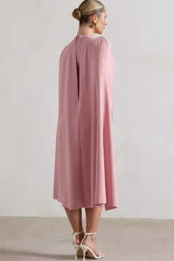 Rafaela | Blush Pink Bodycon Midi Dress With Cape Sleeves