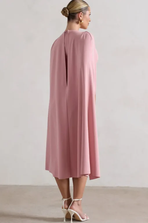 Rafaela | Blush Pink Bodycon Midi Dress With Cape Sleeves