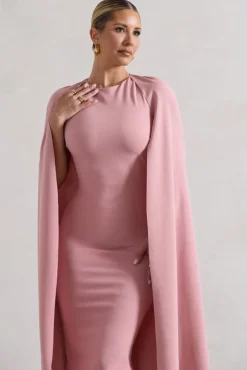 Rafaela | Blush Pink Bodycon Midi Dress With Cape Sleeves