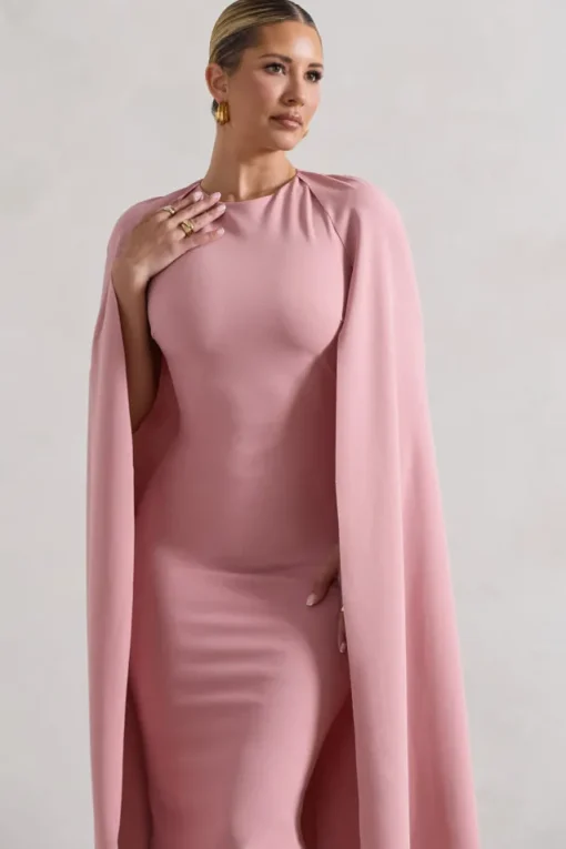 Rafaela | Blush Pink Bodycon Midi Dress With Cape Sleeves