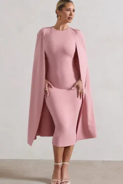 Rafaela | Blush Pink Bodycon Midi Dress With Cape Sleeves