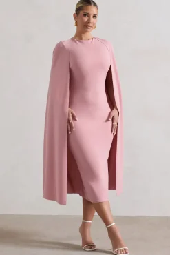 Rafaela | Blush Pink Bodycon Midi Dress With Cape Sleeves