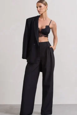 Raina | Black High Waist Pleated Wide-Leg Trousers