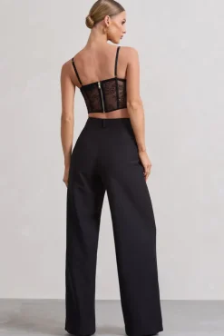 Raina | Black High Waist Pleated Wide-Leg Trousers